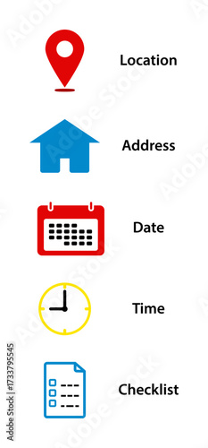 Event Planning Icons Set. Schedule and Location Icons. Location, Address, Date, Time, Checklist Symbols.Minimal Event Info Icons. EPS10.