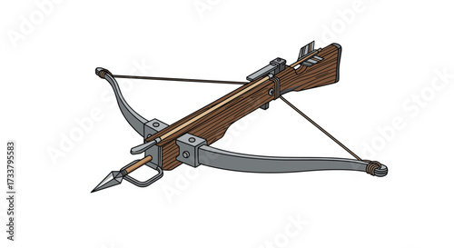 A detailed illustration of a medieval wooden crossbow with metal accents and a projectile loaded and ready for firing.