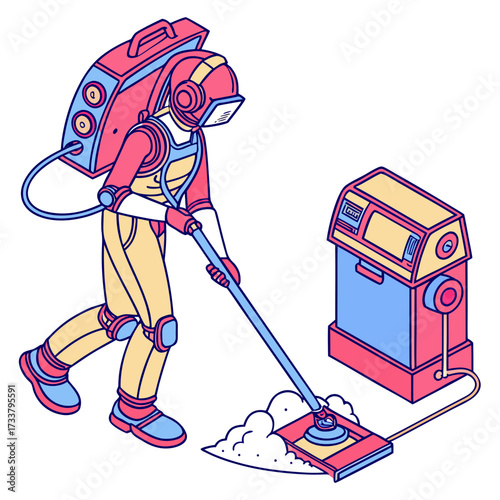Futuristic robot cleaning with colorful vacuum machine
