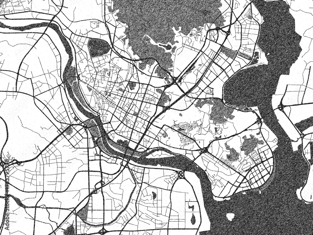 Naklejka premium Sketch-style black and white map of Quanzhou, China, perfect for illustration and wall art.