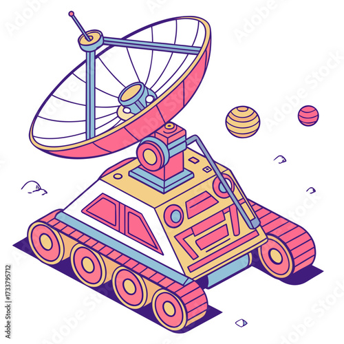 Isometric futuristic rover with satellite dish space