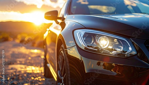 Black Car Close Up During Sunset with Golden Sky Automotive Vehicle Exterior Shot with Sun Rays and Blurred Background