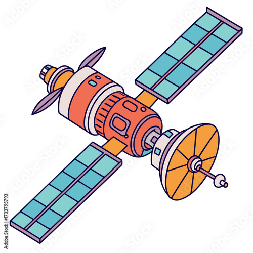 Orange and teal satellite with solar panels space technology