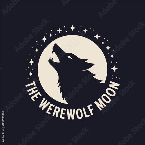 werewolf moon emblem, howling wolf silhouette, star ring framing, nocturnal horror vibe, spooky night badge, clean vector