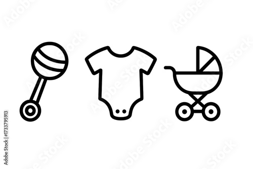 Baby essentials line icon set. Minimalist vector graphics of a rattle, bodysuit, and stroller for newborn concepts. Simple isolated symbols for baby shower and parenting designs.