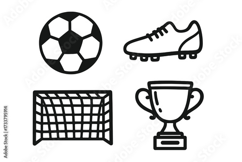 Football soccer sport icon set. Black outline vector graphic symbols. Collection of game equipment including ball, cleat shoe, goal net and winner championship trophy cup.