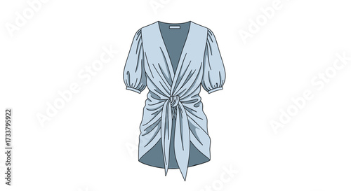 Elegant pale blue wrap dress with puffed sleeves and a tie waist detail.