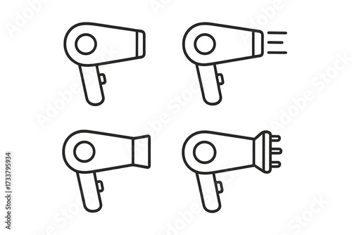 Hairdryer line icon set. Minimalist blow dryer outline symbol collection. Vector pictogram for beauty salon, hairdresser, hair care, web, and graphic design. Simple illustration.