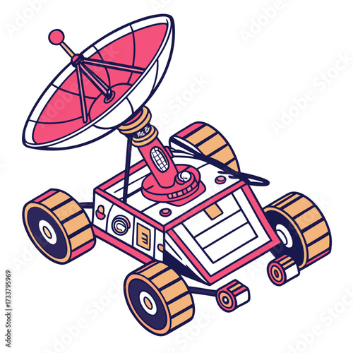 Pink and orange space rover with satellite dish machine