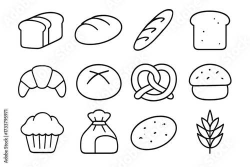 Bread and pastry thin line icon set. Loaf, baguette, croissant, pretzel, muffin, bun, and wheat symbols. Minimalist food vectors with editable stroke for bakery and cafe menu.