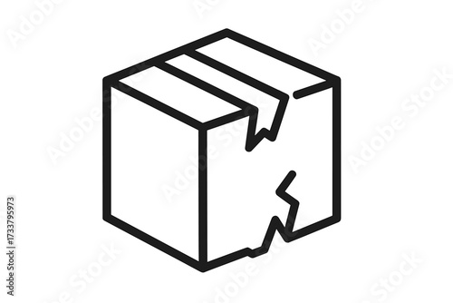 Broken box icon, damaged package concept. Fragile parcel symbol for shipping problem, delivery error, cargo return. Cracked carton for logistics insurance claim. Vector line art.