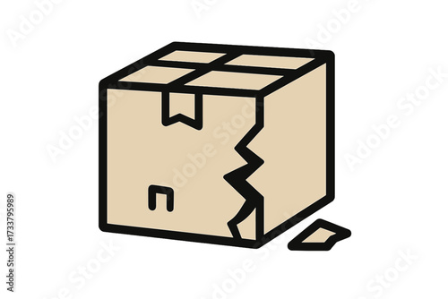 Damaged package icon. Broken cardboard box vector. Fragile parcel with crack. Shipping problem, delivery issue, return or insurance claim concept symbol for graphics and apps.
