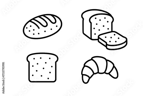 Bread icon collection with loaf, toast, and croissant. Simple outline vector for bakery, breakfast, and pastry shop. Minimal linear food symbol set with an editable stroke.
