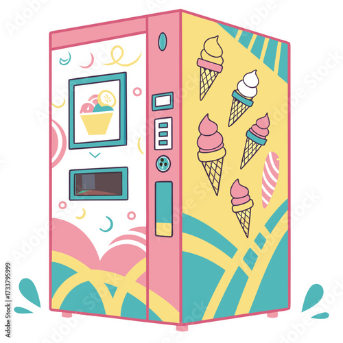Pink and yellow ice cream vending machine with colorful design