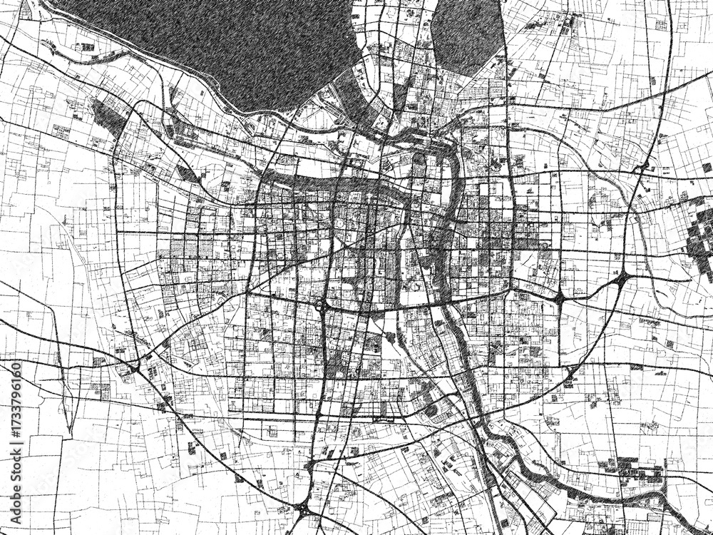 Naklejka premium Stylized black and white urban map of Suqian, China, hand-drawn style for decor and creative use.