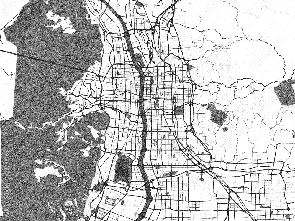 Naklejka premium Minimal poster-style map of Taiyuan, China, hand-drawn style in monochrome.