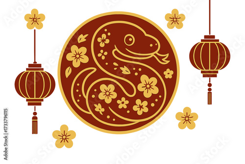 Chinese New Year 2026, Year of the Snake. Greeting card banner with round paper cut snake zodiac sign, golden flowers and oriental lanterns. Lunar New Year vector illustration.