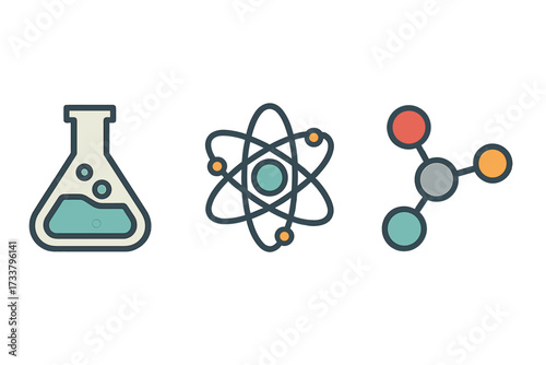 Chemistry science icon set with atom, molecule, lab flask. Physics research symbol. Vector graphic for scientific experiment, education, biotechnology. Flat cartoon illustration.