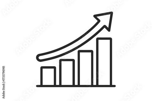 Growth chart icon with upward arrow. Bar graph shows business success, financial profit, and market progress. Data analysis, statistics, and investment return concept.