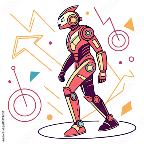 Red and yellow humanoid robot with abstract geometric shapes