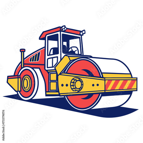 Red and yellow road roller machine illustration construction vehicle