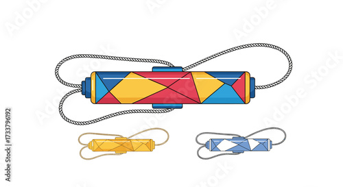 Colorful water guns with braided strings and small yellow and blue toys.