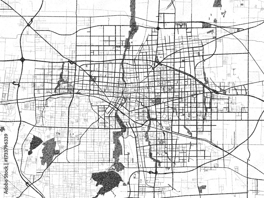 Naklejka premium Poster-ready monochrome city map of Weifang, China, with detailed streets and rivers.