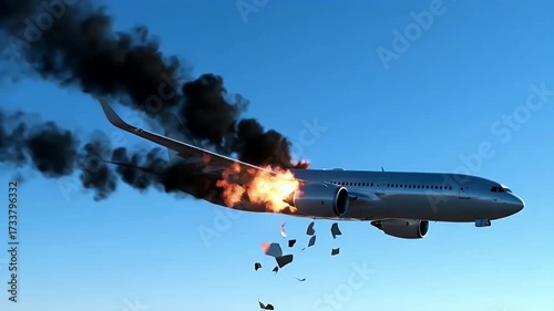 Passenger Airplane With Burning Engine And Black Smoke