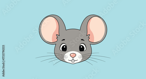 A cute cartoon mouse face with big ears and whiskers on a light blue background.