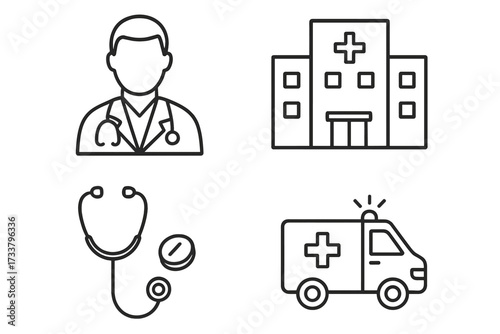 Medical and healthcare icon set. Simple thin line art icons. Doctor, hospital, ambulance, stethoscope, medicine, pill symbol. Emergency, clinic, pharmacy concept outline vector.