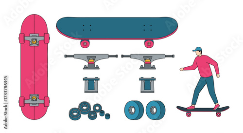 Collection of skateboard parts and a person skateboarding