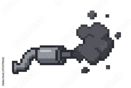 Car exhaust pipe with smoke cloud in pixel art style. Vector icon of air pollution, CO2 emissions, and environmental damage. Fumes from automobile muffler. 8-bit game asset.