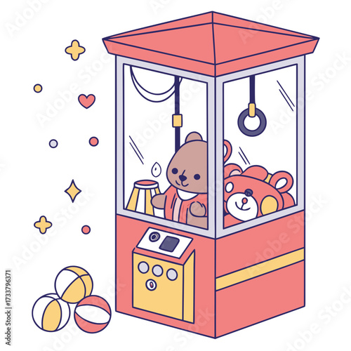 Red arcade claw machine with teddy bears and balls