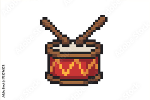Pixel art drum icon with sticks. 8-bit retro gaming music instrument sprite. Vector cartoon illustration. Percussion symbol for sound, beat, and rhythm concepts in video games.