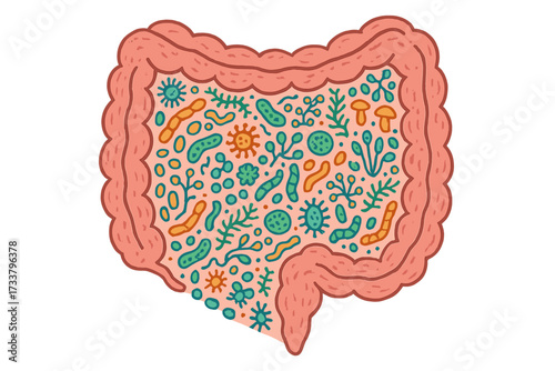 Intestines shape with microbiota ornate pattern. Healthy guts concept. Vector cartoon illustration of good bacteria, microbiome, probiotics and gut flora for digestion and health.