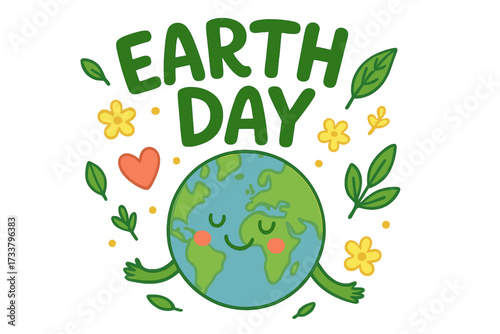 Earth Day cartoon vector with cute planet character. April 22 holiday for environment conservation. Save the planet, ecology concept. Green lettering poster with flowers and leaves.