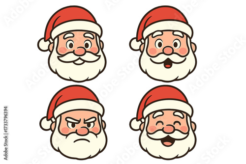 Santa Claus face expressions set. Christmas cartoon character head with different emotions. Happy, angry, surprised, winking emoticon. Cute vector illustration for holiday design.
