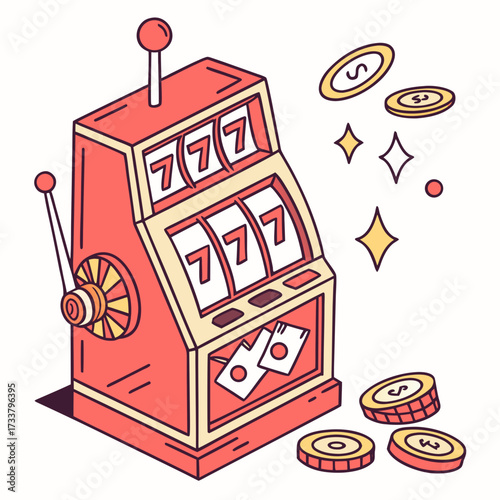 Red slot machine with sevens and coins casino gambling