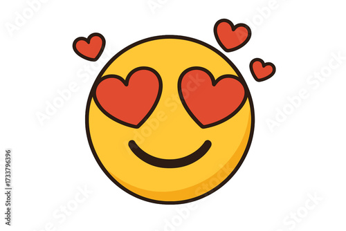Emoticon in love with heart eyes. Cute happy smiley face emoji expressing romantic feelings. Vector illustration for Valentine's Day. Adorable character icon showing passion and adoration.