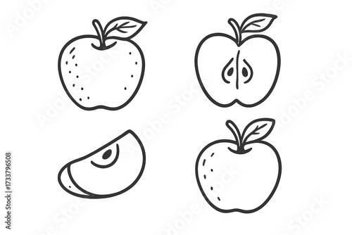 Apple fruit vector icon set. Hand drawn doodle illustration of whole, half, and sliced apples. Outline sketch for healthy food, organic, natural concepts. Line art graphic design element.