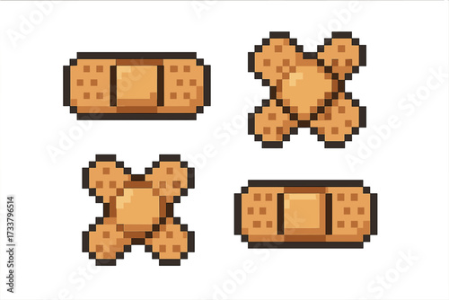 Adhesive bandage pixel art icon set. Medical plaster in 8-bit retro gaming style. First aid and wound care concept. Health symbol for injury. Vector cartoon illustration.