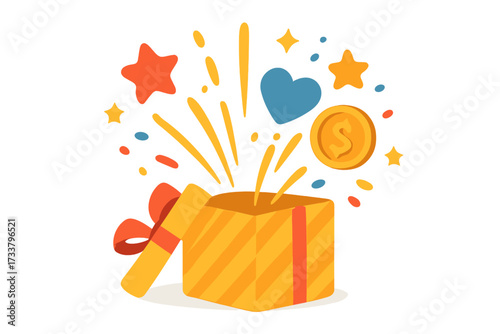Gift box exploding with prizes. Open present with money coin, stars and confetti. Concept of reward, bonus, promotion, contest, loyalty program, marketing, win and surprise.