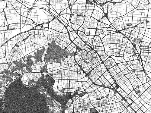 Photography Minimal poster-style map of Wuxi, China, hand-drawn style in monochrome