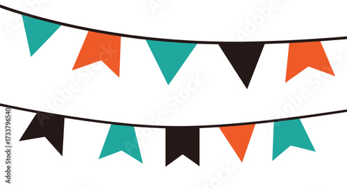 Colorful triangular flags hanging on strings creating a festive atmosphere for celebrations and parties.