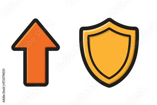 Arrow up and shield icon set for security and growth. Vector illustration for protection, safety, and progress. Secure upload, data defense, and level up symbol.