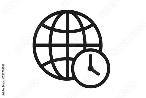 Global time zone icon. World clock symbol for international business and communication. 24/7 service concept. Earth globe with clock for worldwide schedule and deadline.