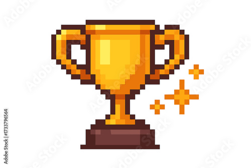 Pixel art trophy cup icon. 8-bit game asset. Golden award for winner. Victory and success symbol. Champion prize illustration. Retro video game achievement or level up.