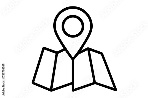 Map and location pin icon. Linear vector graphic for GPS navigation and cartography. Folded map with destination marker for a travel guide. Position pointer symbol for direction.