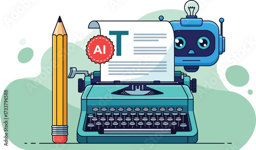 Artificial intelligence writing with typewriter and pencil isolated on white background