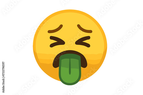 Nauseated Face emoji showing disgust. Grossed out emoticon feeling sick. Green tongue sticking out, concept for yuck, ew, vomiting, puke, unwell. Vector smiley icon.
